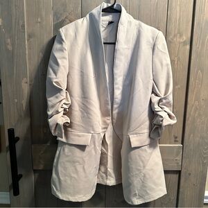 Cream Colored Open Front Blazer With Scrunched Lower Sleeves